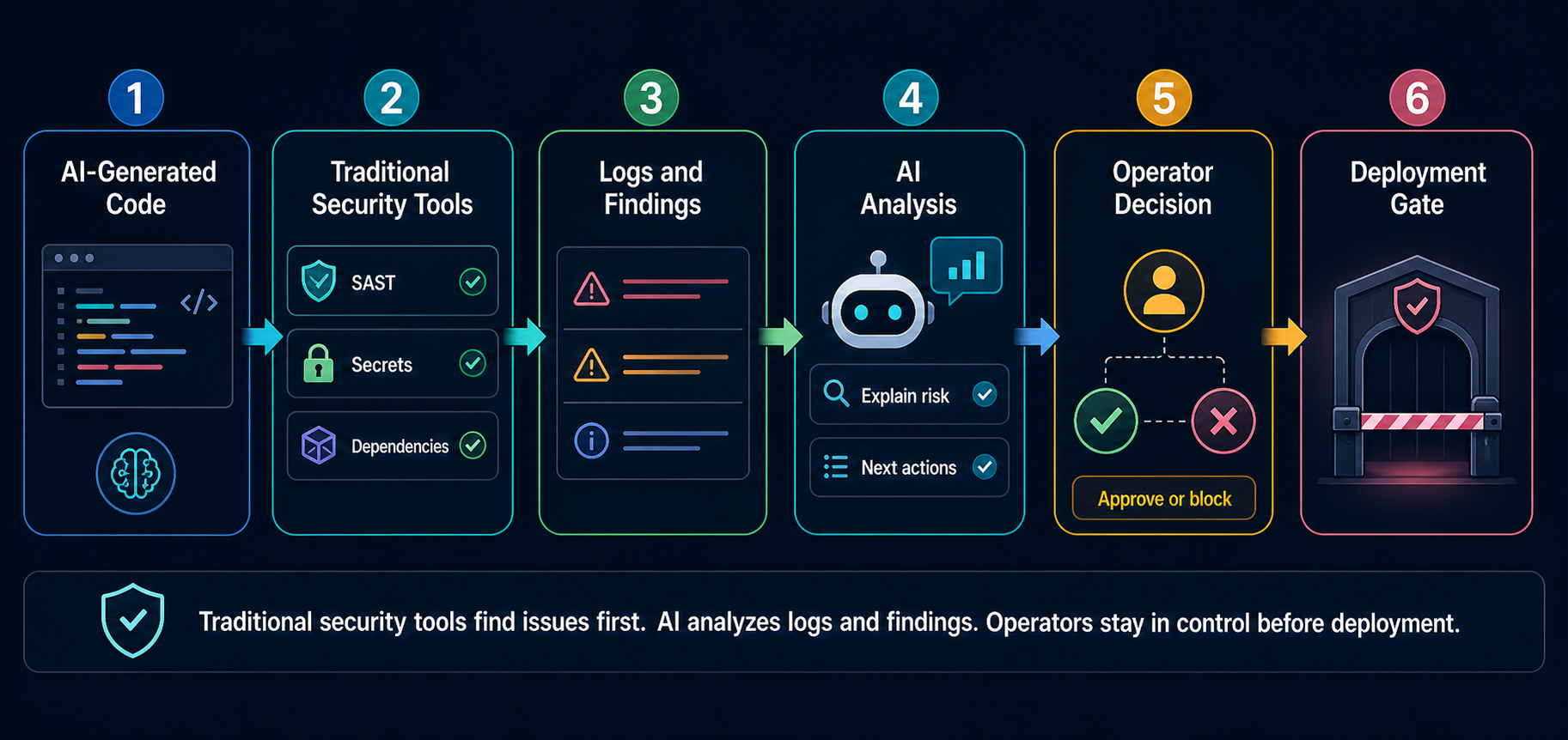 Traditional security tools scan AI-generated code, produce logs and findings, AI analyzes those findings, operators decide, and deployment gate controls release.